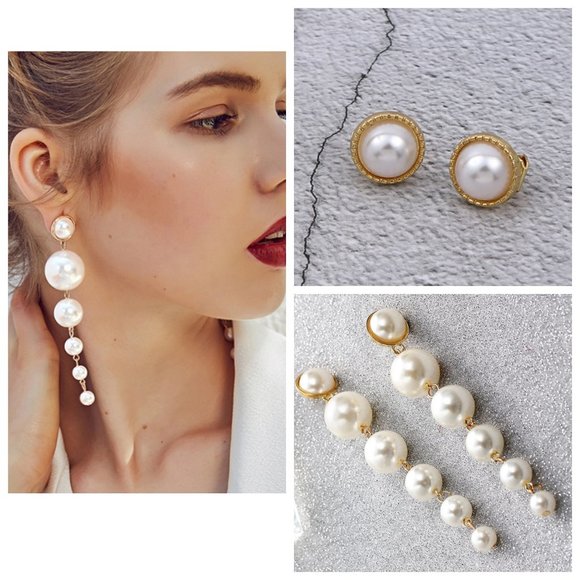 Reversible Big Pearl Long Dangle Clip On Earrings - Picture 1 of 6